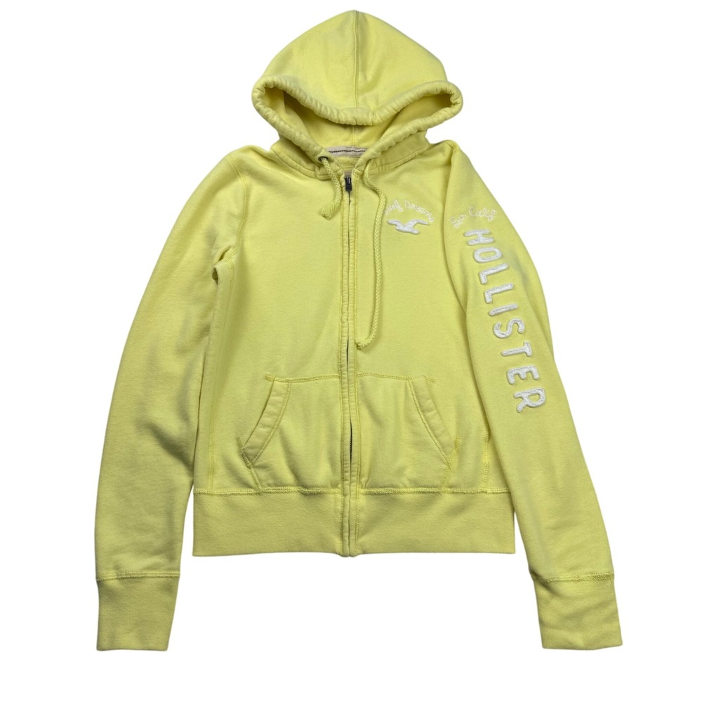 VTG Y2K Hollister Puff Print Yellow Full Zip Hoodie Sweatshirt Large Mallcore